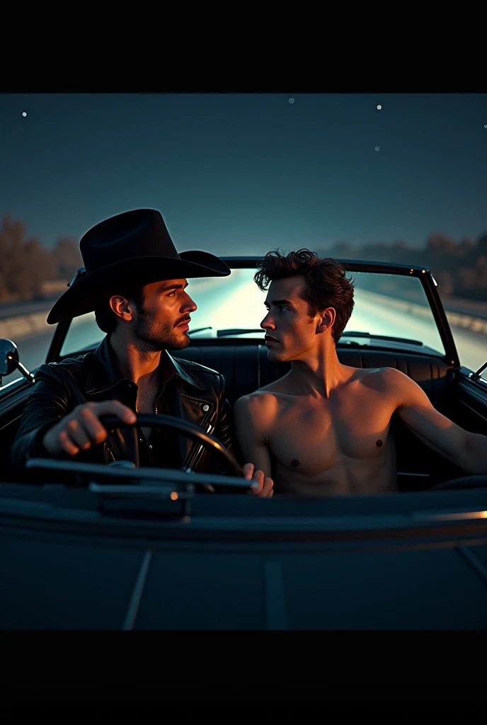 A handsome man with a hat and a black cowboy outfit riding in a car with a cute handsome young man without a shirt at night