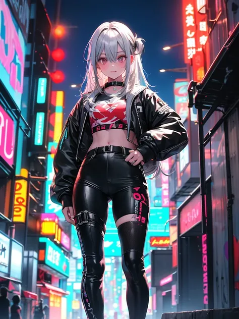 8k,silver hair,In a vibrant cyberpunk beach scene with neon signs glowing in the background, a cool and cute girl is dancing in summer fashion. Her movements cause the surrounding light to reflect dynamically.ヘッドセット。グローブ。Pretty