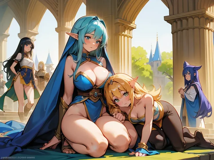 4girls, group_squeez, different body types, elves and animal girls, sexy bodies, kneeling, cuddling, isekai, sexy clothes, medieval fantasy, mystical atmosphere, detailed faces, looking at viewer, pleassed, mage, warrior, thief, priestess