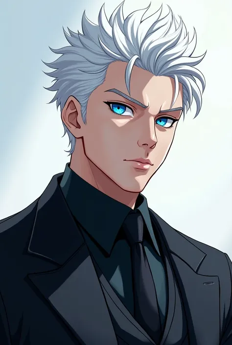 blue eyed man in black suit white hair anime

