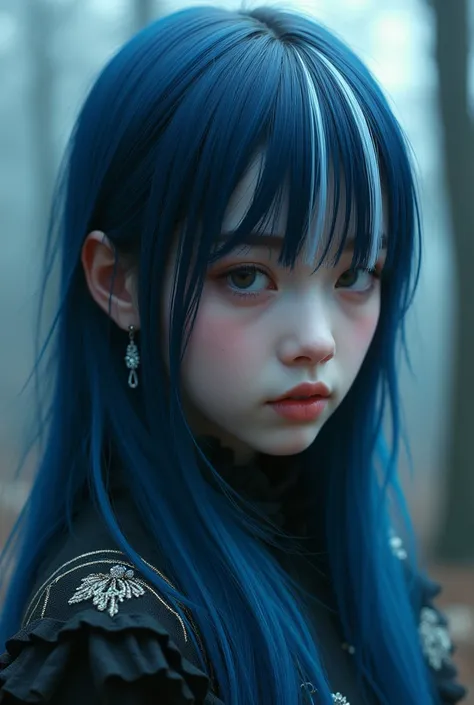 Create a girl with long 2b hair and light skin, The hair should be dyed blue-black and a white or silver streak, without bangs 