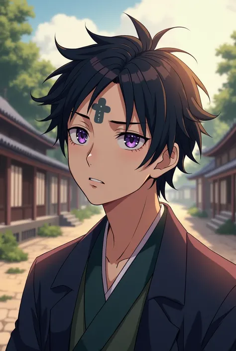 Create a male Oc who is the son of Tanjiro Kamado and Kanao Tsuyuri from the anime Kimetsu no Yaiba who has the same mark as Tanjiro on his forehead and the same eye color as Kanao