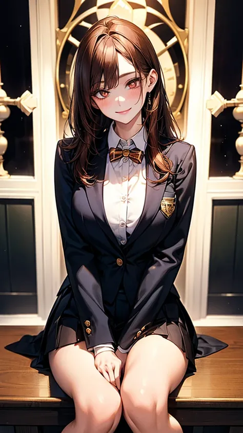 4K resolution,((Highest quality)),Ultra-high resolution,young woman, alone, sexy, (Mischievous smile), (Pale golden eyes), Beautiful and symmetrical face, (Brown set medium hair),Blazer uniform,Dress shirt,Pleated mini skirt,Knee-high socks,Realistic:1.4,R...