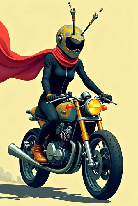 Biker with a helmet and grasshopper design , red scarf in 2D
