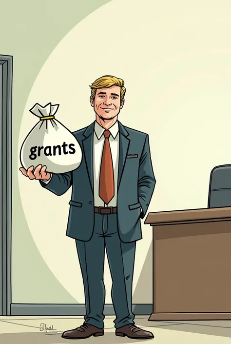 Create a comic with easy drawings with frames based on this; 

Panel 2:
Description: the state, with a formal suit, holding a bag of money labeled “Grants”.
State Dialogue: “I&#39;m going to help reduce the cost of food!”
