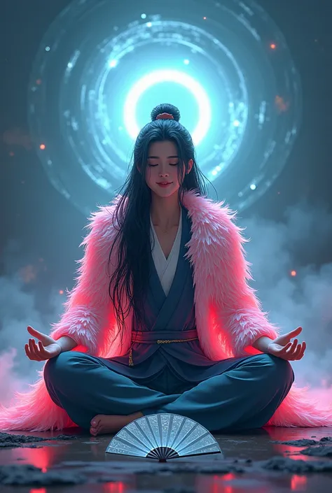 (masterpiece:1.2),Highest quality ,(meditation:1.1), alone，  ,Chinese martial arts，足を組んでmeditationする，Long black hair， In front of the glowing vortex, Dynamic Action，Neon feather coat，transparent，Dunhuang_fan，close your eyes，smile, Black cat