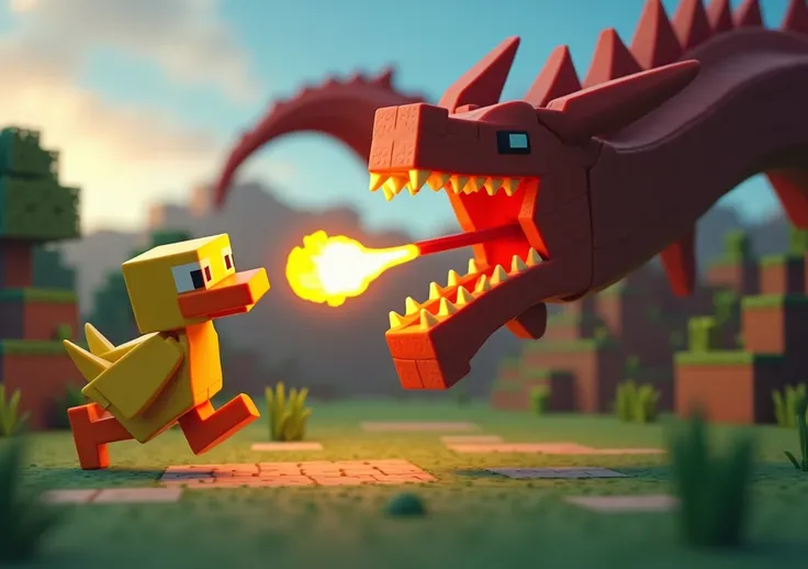 a Minecraft duck running away from a fire breathing dragon, Horizontal image.