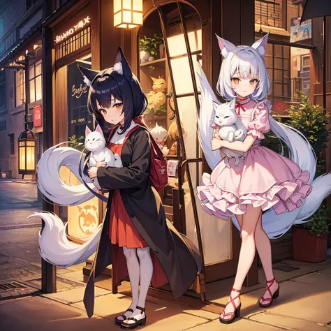 Anime Girl with a bird cage and a cat in her arms, Animation by Shitao, pixiv, Furry Art, very beautiful anime cat girl, beautiful anime catgirl, Fox Girl, Anime cat girl in maid costume, Cute anime catgirl, (Anime Girl), Cute anime, with kitsune mask, pix...