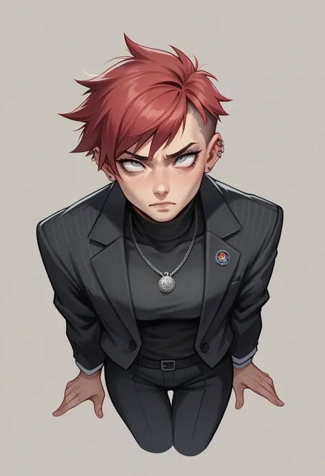 high angle,drawing by Guilty style , realistic,a young woman, 1, short red hair, blue gray eyes, athletic, turtleneck, black suit, black floral suit, black flower pattern, pendant, several ear piercings, tomboy style, streetwear,Expressions of contempt: sn...