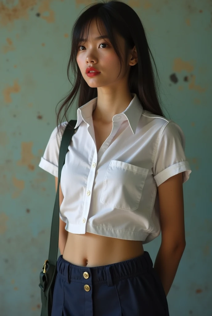 Schoolgirl wet shirt without bra so nipples can be seen from behind her uniform