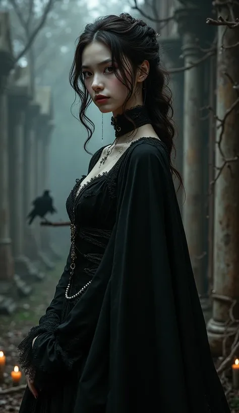 Create a genshin character with brown dark hair, super pale skin, deep brown eyes, gothic style of clothing