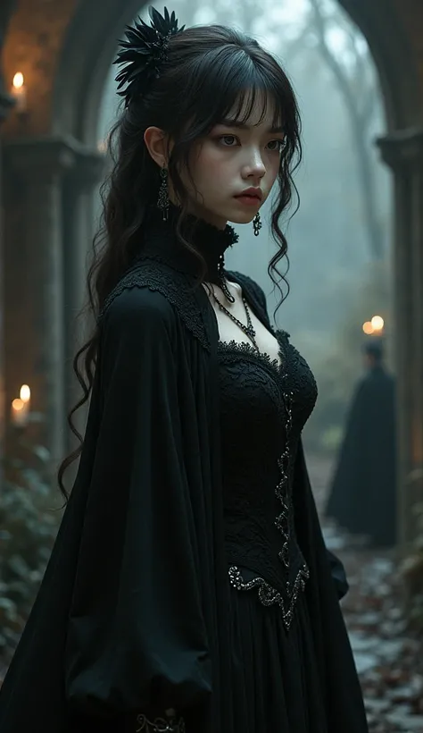 Create a genshin character with brown dark hair, super pale skin, deep brown eyes, gothic style of clothing