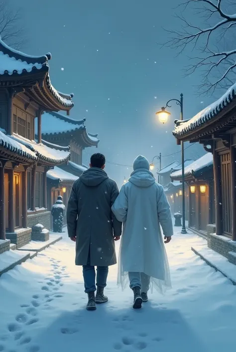 A boy walking through the streets of Korea on a snowy night and next to him a spirit of a boy, both now adults 