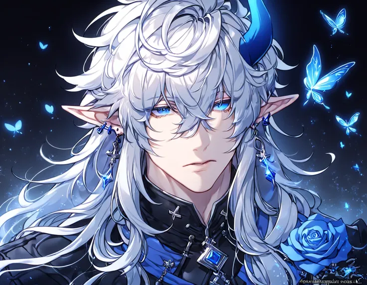 absurdres, highres, ultra detailed, HDR, master piece, best quality, extremely detailed, detailed face, Ciel, white hair, long hair, messy hair, hair over the left eye, expressive blue eyes, slightly pointed ears, Elsword, cross earrings, blue horn, demon,...