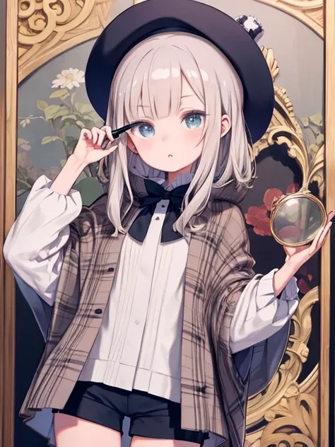 Highest quality、masterpiece、Official Art、The best configuration、Brown Check Beret、A poncho with the same pattern as the hat、Charlotte Holmes、White shirt and shorts with the same pattern as the hat、magnifying glass、Detective、視聴者にむかってmagnifying glassでのぞいているの...