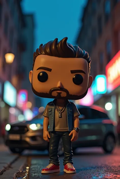 Create a funko pop of a 2 boy with a goatee and a bit of a mustache with a chain that also shows a gray Ford Kuga from 2013 and a street at night in the background 
