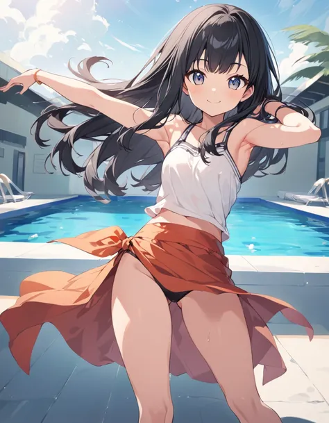 Girl, cute, adorable, smiling, straight hair, long hair, black hair, standing, (right arm up behind:1.2), (shows armpit:1.2), (left　arm Lower waist:1.2), Swayback stance, looking at the camera, From the front, from thighs to head, pool, daylight,Sarong-pas...