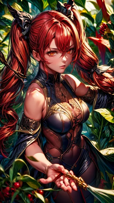 (detailed background,dark fantasy),(beautiful detailed face),(1 girl,solo,red hair,sharp face,low twintails,golden eyes,hair between eyes,dynamic angle),full body,bow,archer,flying arrows,genshin impact,Yoimiya