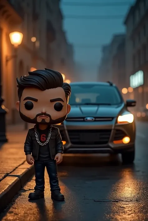 Create a funko pop of a 2 boy with a goatee and a bit of a mustache with a chain that also shows a gray Ford Kuga from 2013 and a street in the background at night so the car can be seen well. 
