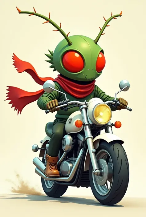 Biker with a helmet and grasshopper design , red scarf in 2D,green color,red helmet visor, white motorcycle, cartoon