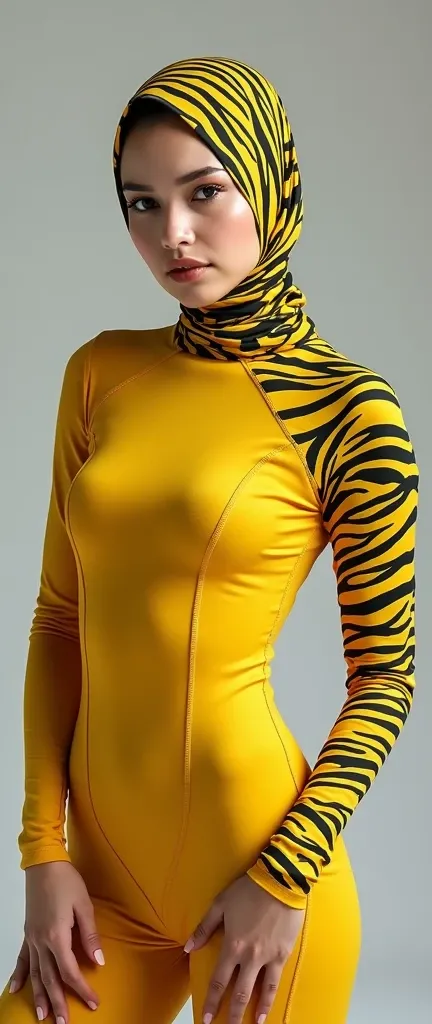  
The most beautiful,most slender thin and most clever asian muslimah adult feamle person with beautiful cheeks wears sunflower yellow zebra print lycra turtleneck unitard catsuit covered with stripes and always wearing sunflower yellow zebra print lycra e...