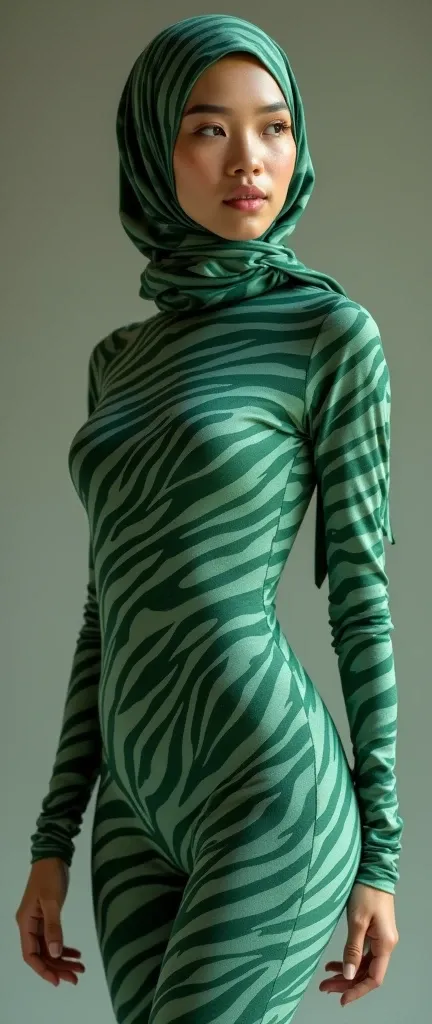 The beautiful,slender thin and clever asian muslimah adult female girl with beautiful and shiny cheeks wears calm green zebra print lycra turtleneck unitard catsuit covered with stripes and calm green zebra print lycra elastane stretchy dancewear  hijab co...