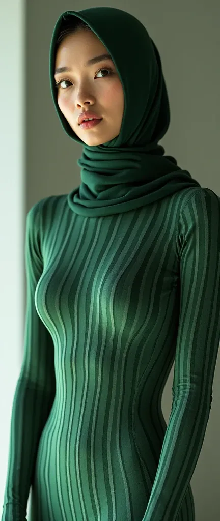 The beautiful,slender thin and clever asian muslimah adult female girl with beautiful and shiny cheeks wears calm green zebra print lycra turtleneck unitard catsuit covered with stripes and calm green zebra print lycra elastane stretchy dancewear  hijab co...