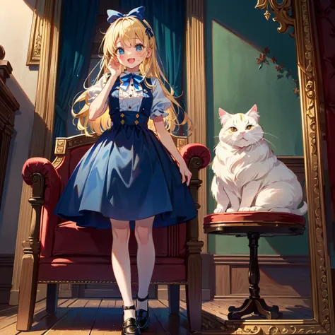 {{{(((Very cute pose,)))}}}, (((highest quality))), (((super detailed))), (((clear) )), (( (masterpiece) 8K) ))), Alice in Wonderland In a very beautiful castle, the Queen of Hearts sits in a luxurious chair, Alice holds a fat cat with a wide open mouth an...