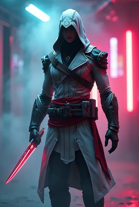 An assassin from the assassin&#39;s creed saga, but with a futuristic outfit, armor style with neon details, make the hidden blades too. The background is full of smoke, and the neon lights illuminate the environment