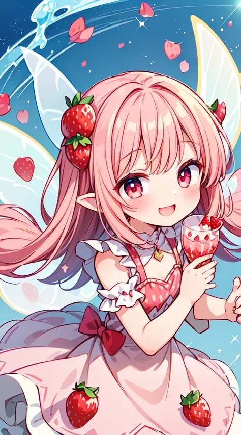 ((Illustration of a whimsical strawberry milk fairy with delicate wings, wearing a dress made of strawberry petals and holding a tiny glass of strawberry milk. The fairy is surrounded by floating strawberries and sparkling milk droplets, with a mischievous...