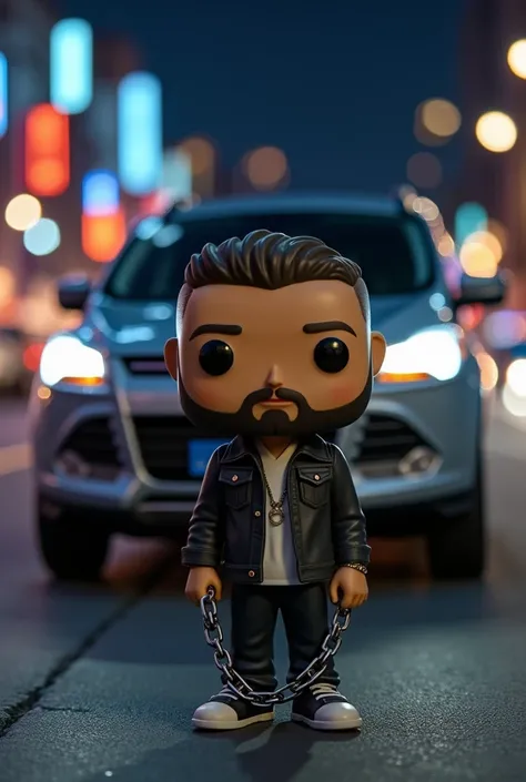 Create a funko pop of a boy with a goatee and a bit of a mustache with a chain that also shows a gray Ford Kuga from 2013 and a street in the background at night so the car can be seen well. 
