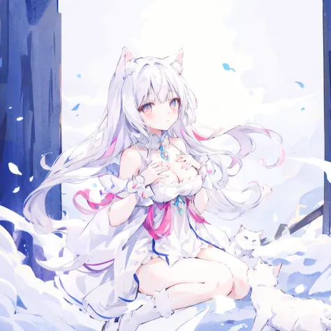 Bare shoulders，Plump breasts，Hands on chest，cute，white cat ears，