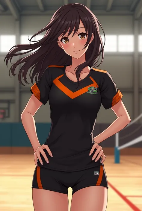 Make a brunette girl with black hair and light brown eyes and who is thin but not too much and who is very attractive and who has the Karasuno uniform and who is from Karasuno and who is in the Karasuno gym haikyu