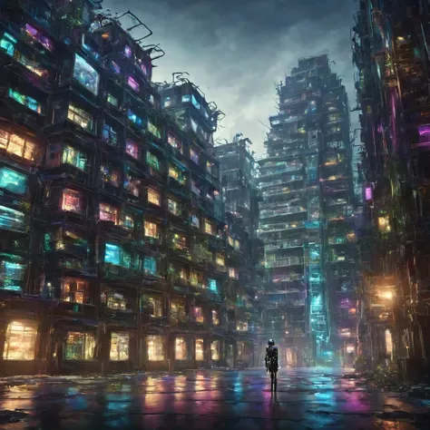 cyber punk　cyber punkアート　A building filled with secret machinery　Building with tangled wires　Futuristic buildings　The building is dimly lit　Light leaks from the multiple windows　The windows are randomly placed　Below the building are rows of abandoned build...