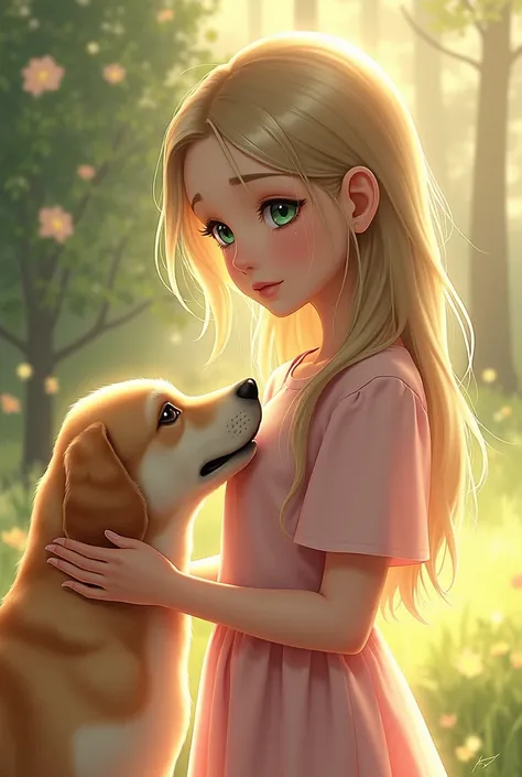  dark blonde, com olhos verdes claros, short and thin,with pink blouse, playing with beige Golden dog