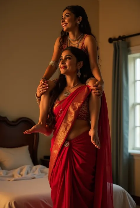 Beautiful and Slim Indian woman Ileana DCruz in red silk saree is lifting a large chubby man above her shoulders, man is sitting on womans shoulders, natural smile, in a bedroom with high ceiling at night