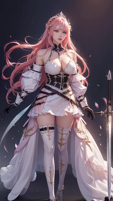 Congregation,Joan of Arc,Long flowing pink hair,head ornaments,Big breasts,Neck gemstone jewelry,Breast Binding,mini lace skirt,Steel armor gloves,Steel armor long high heels,.best quality,masterpiece,Ultra-high resolution（2：0）,special magic sword,The swor...