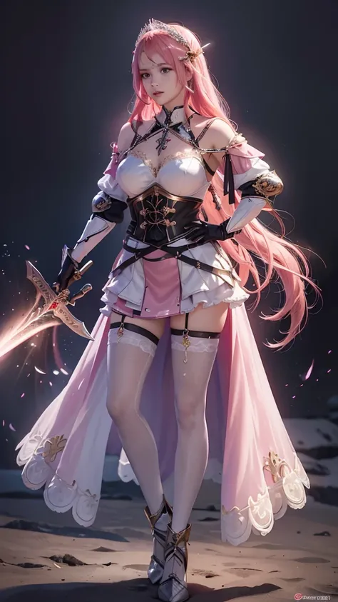 Congregation,Joan of Arc,Long flowing pink hair,head ornaments,Big breasts,Neck gemstone jewelry,Breast Binding,mini lace skirt,Steel armor gloves,Steel armor long high heels,.best quality,masterpiece,Ultra-high resolution（2：0）,special magic sword,The swor...