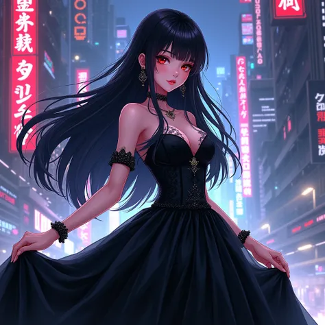 An anime character: Asian woman with red eyes. Her hair is black and long with bangs. She is wearing a black wedding dress. Ao fundo, a cyberpunk setting full of neons.