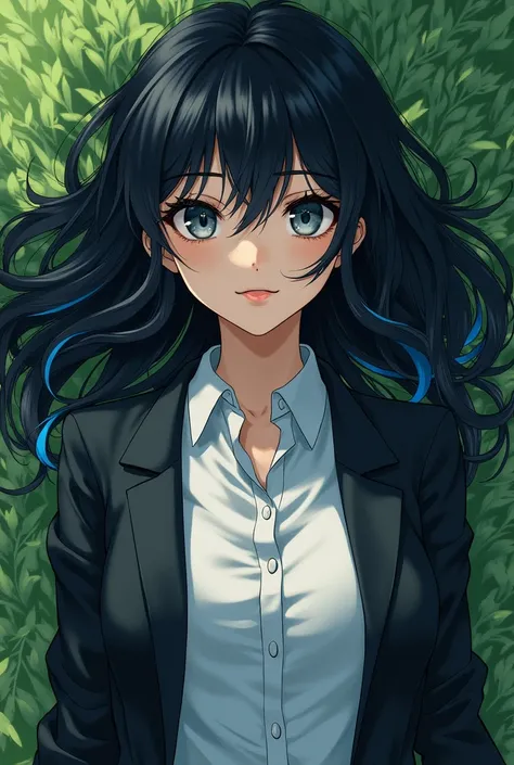 pretty girl, lying on the grass, black hair with some blue curls, the pupils of the eyes that are gray, wearing a white button-down shirt with a black jacket and a serious expression with a mangaka style