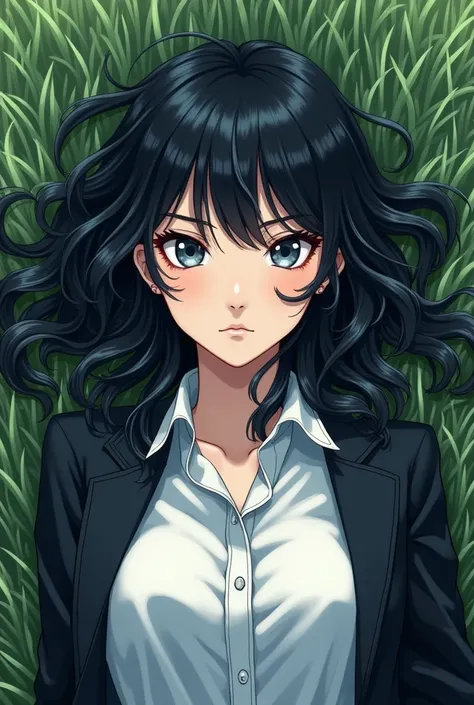 pretty girl, lying on the grass, black hair with some blue curls, the pupils of the eyes that are gray, wearing a white button-down shirt with a black jacket and a serious expression with a mangaka style