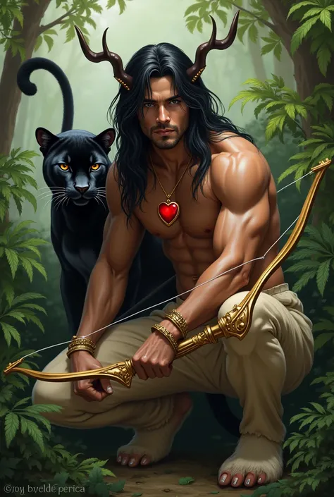 A handsome young man with black hair down to his knees. He has very masculine features and tanned skin.. He is very handsome and young.. He is shirtless. His upper body is human., and the lower part of the faun&#39;s body. Beige fur faun legs, Fluffy. He h...