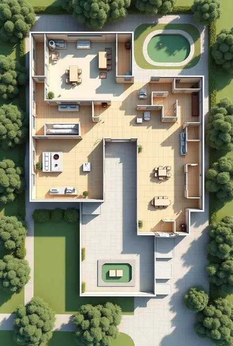 Architectural plan from above of a school with a classroom, an office, a dining room, a gym, and a patio