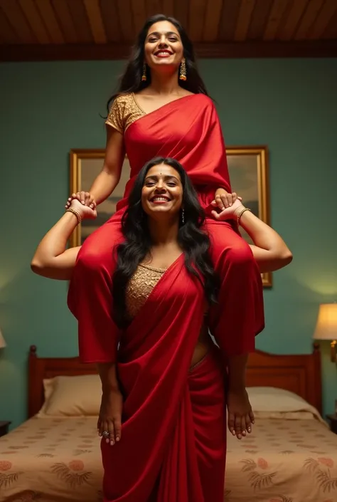 Beautiful and Slim Indian woman Ileana DCruz in red silk saree is lifting a large chubby man above her shoulders, man is sitting on womans shoulders, natural smile, in a bedroom with high ceiling at night