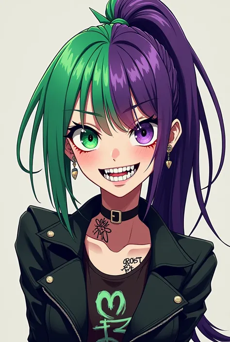 Generates a woman with green hair and eye on the left side and purple hair and eye on the right side in anime style. she wearing a White t-shirt with leather jacket and her tooth is sharp triangle shape, she is smiling exposing her tooth, punky style, long...