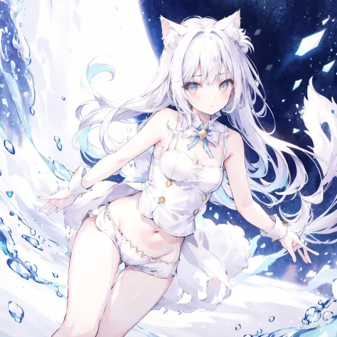 Bare shoulders，Plump breasts，white cat ears，Small white vest，hot pants