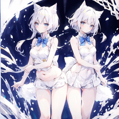 Bare shoulders，Plump breasts，white cat ears，Small white vest，hot pants