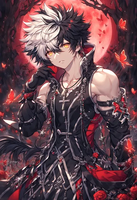 absurdres, highres, ultra detailed, HDR, master piece, best quality, extremely detailed, detailed face, detailed eyes, Raven, spiked hair, bicolor hair, right side black hair, left side white hair, expressive yellow eyes, Elsword, solo, sexy man, handsome,...