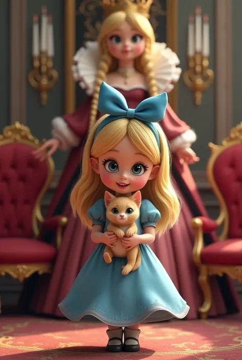 {{{(Very cute pose)}}}, (((highest quality))), (((super detailed))), (((clear) )), (( (masterpiece) 8K)))), Wonderful Alice in Wonderland Inside a very beautiful castle, in a luxurious chair, Alice holding a fat cat with a wide open mouth and smiling, ((Al...