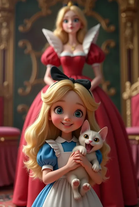 {{{(Very cute pose)}}}, (((highest quality))), (((super detailed))), (((clear) )), (( (masterpiece) 8K)))), Wonderful Alice in Wonderland Inside a very beautiful castle, in a luxurious chair, Alice holding a fat cat with a wide open mouth and smiling, ((Al...